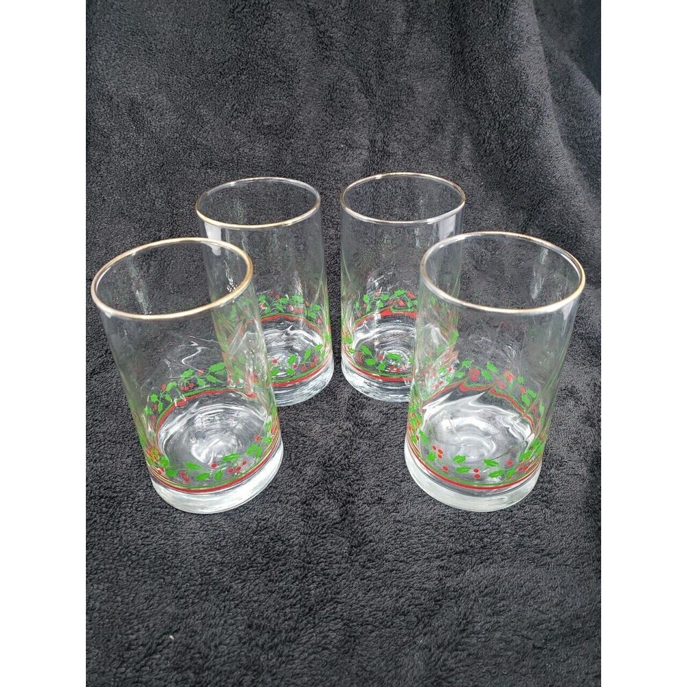 Arby's Holly Berry Tumbler Glasses VTG Christmas 1984 Heavy Weight Base Gold Rim